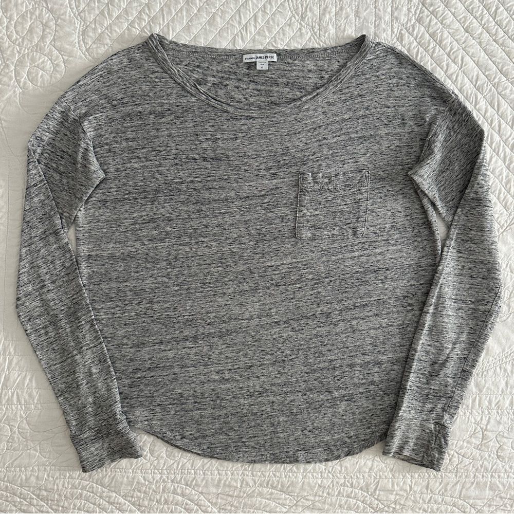 James Perse Standard Gray Slub Front Pocket Space Dye Long Sleeve Tee T-Shirt